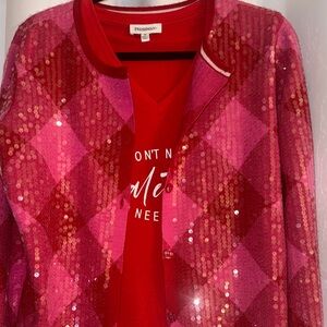 Red & Pink Sequin Cardigan with Graphic Tee
